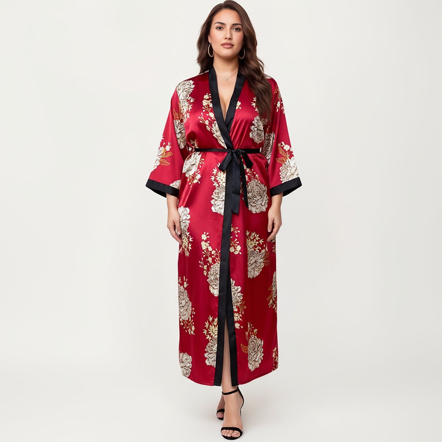 PLus Size Floral Satin Long Robe with Contrast Trim, Wrap Front Silhouette and Waist Tie Belt