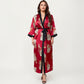 PLus Size Floral Satin Long Robe with Contrast Trim, Wrap Front Silhouette and Waist Tie Belt