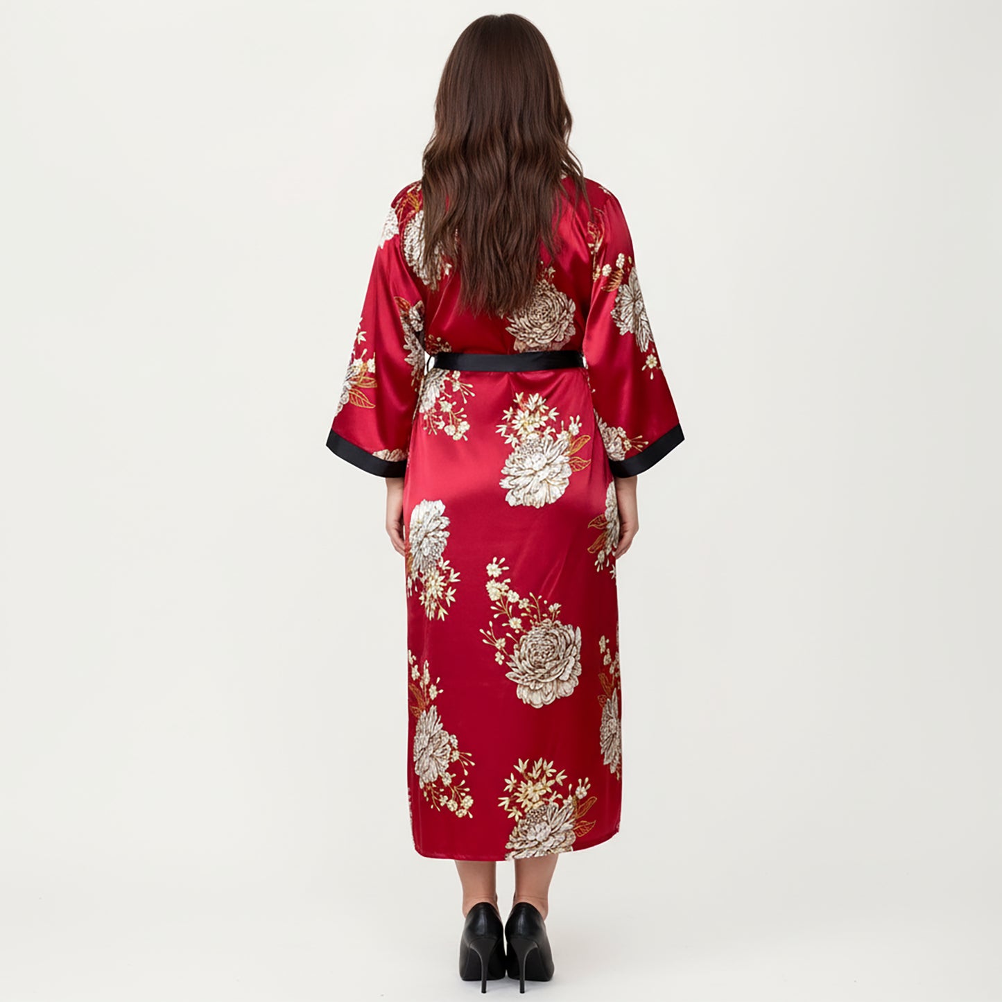 PLus Size Floral Satin Long Robe with Contrast Trim, Wrap Front Silhouette and Waist Tie Belt