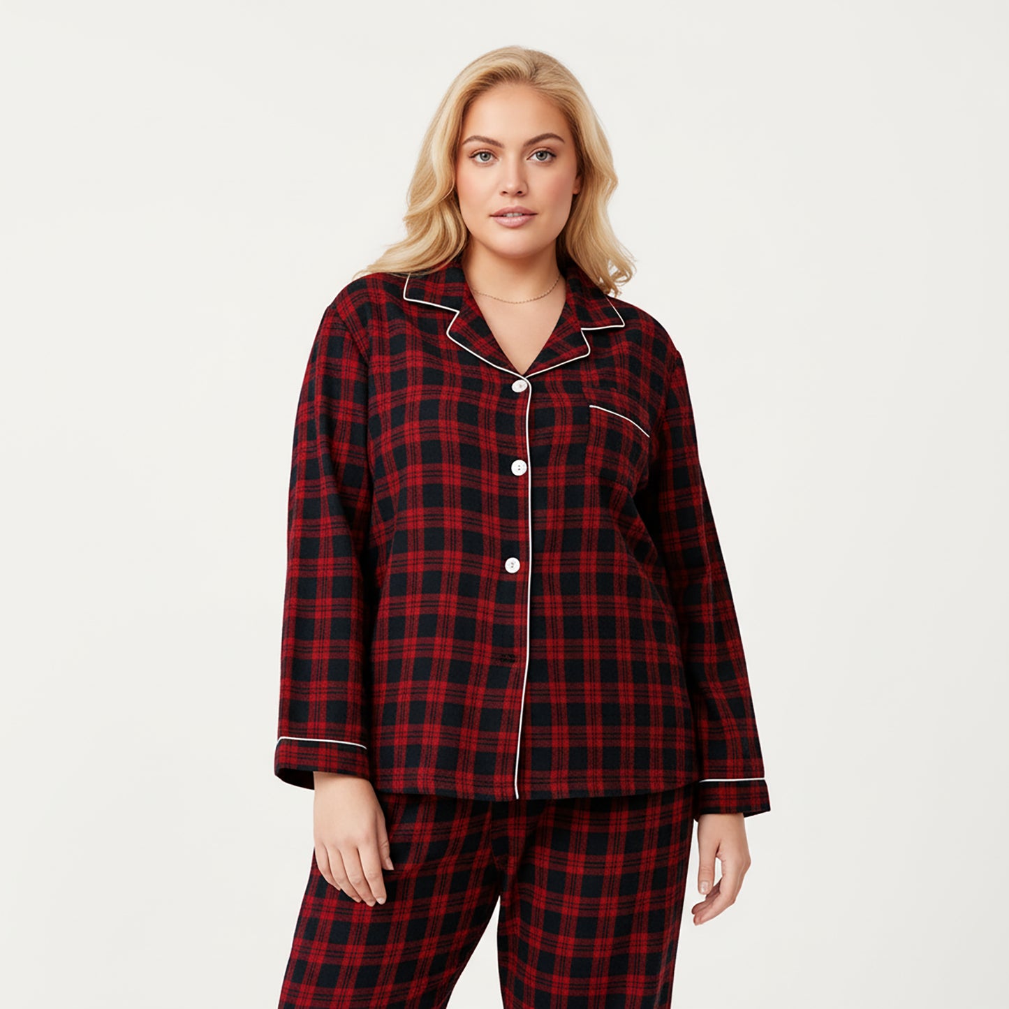 PLus Size 2-Piece Set Plaid Button-Front Pajama Top with Soft Brushed Fabric, Matching Relaxed-Fit Pants