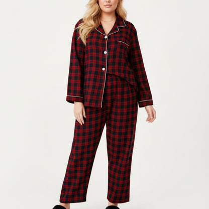 PLus Size 2-Piece Set Plaid Button-Front Pajama Top with Soft Brushed Fabric, Matching Relaxed-Fit Pants