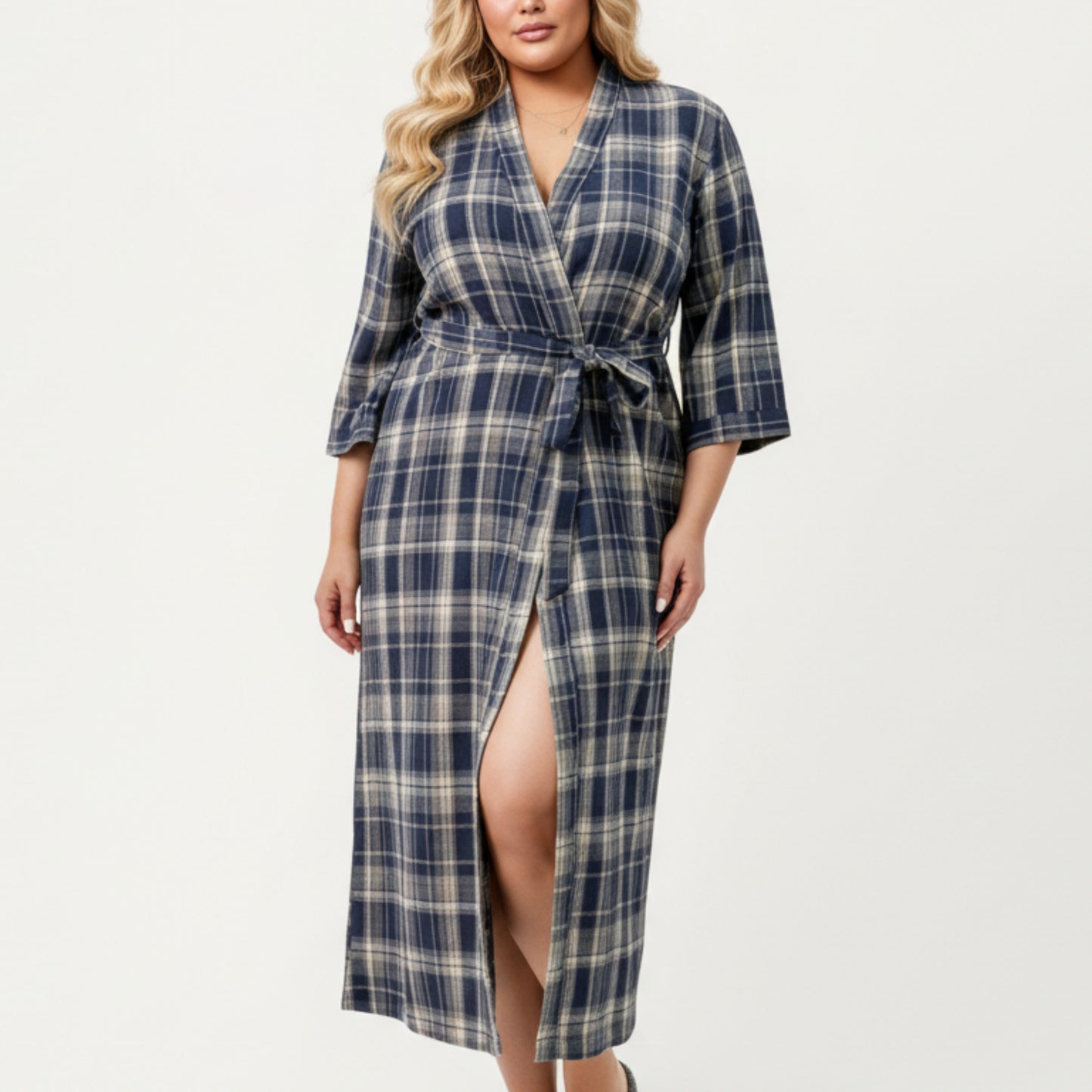 PLus Size Plaid Long Robe with Brushed Texture Adjustable Waist Tie, and Three-Quarter Sleeves