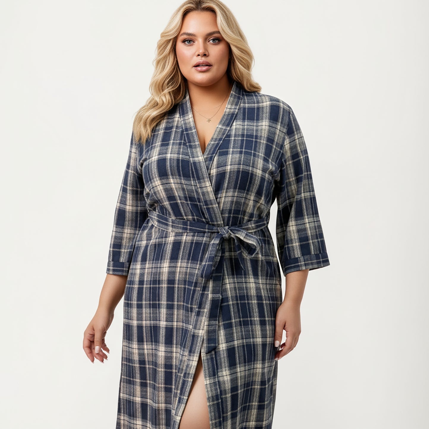 PLus Size Plaid Long Robe with Brushed Texture Adjustable Waist Tie, and Three-Quarter Sleeves