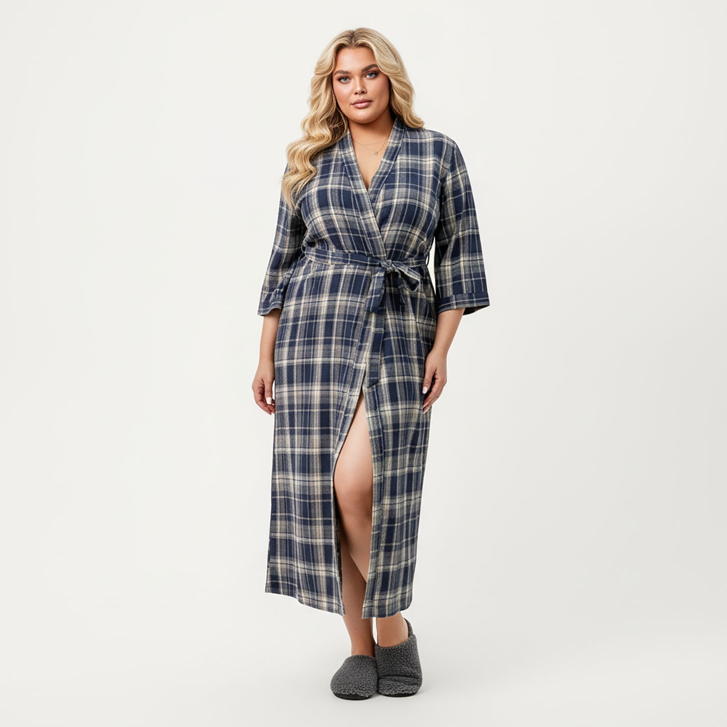 PLus Size Plaid Long Robe with Brushed Texture Adjustable Waist Tie, and Three-Quarter Sleeves