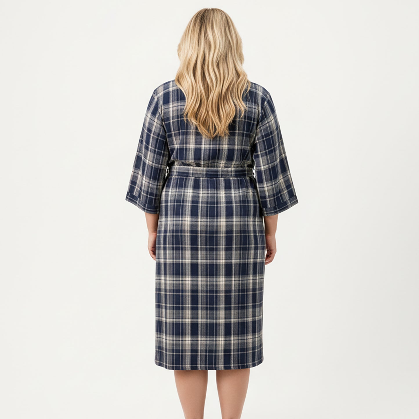 PLus Size Plaid Long Robe with Brushed Texture Adjustable Waist Tie, and Three-Quarter Sleeves