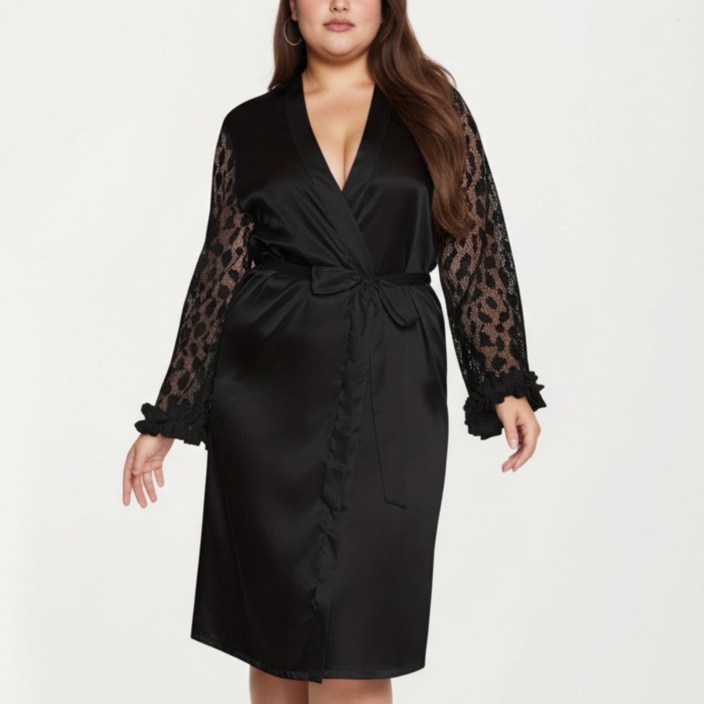 PLus Size Satin Robe with Sheer Floral Lace Sleeves, Ruffled Cuffs, and Adjustable Waist Tie