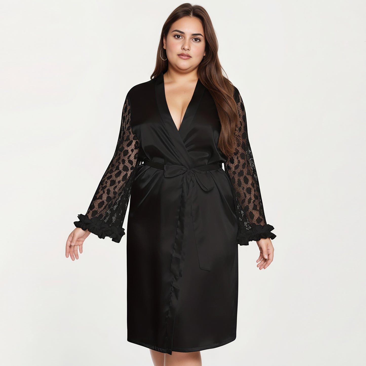 PLus Size Satin Robe with Sheer Floral Lace Sleeves, Ruffled Cuffs, and Adjustable Waist Tie