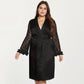 PLus Size Satin Robe with Sheer Floral Lace Sleeves, Ruffled Cuffs, and Adjustable Waist Tie