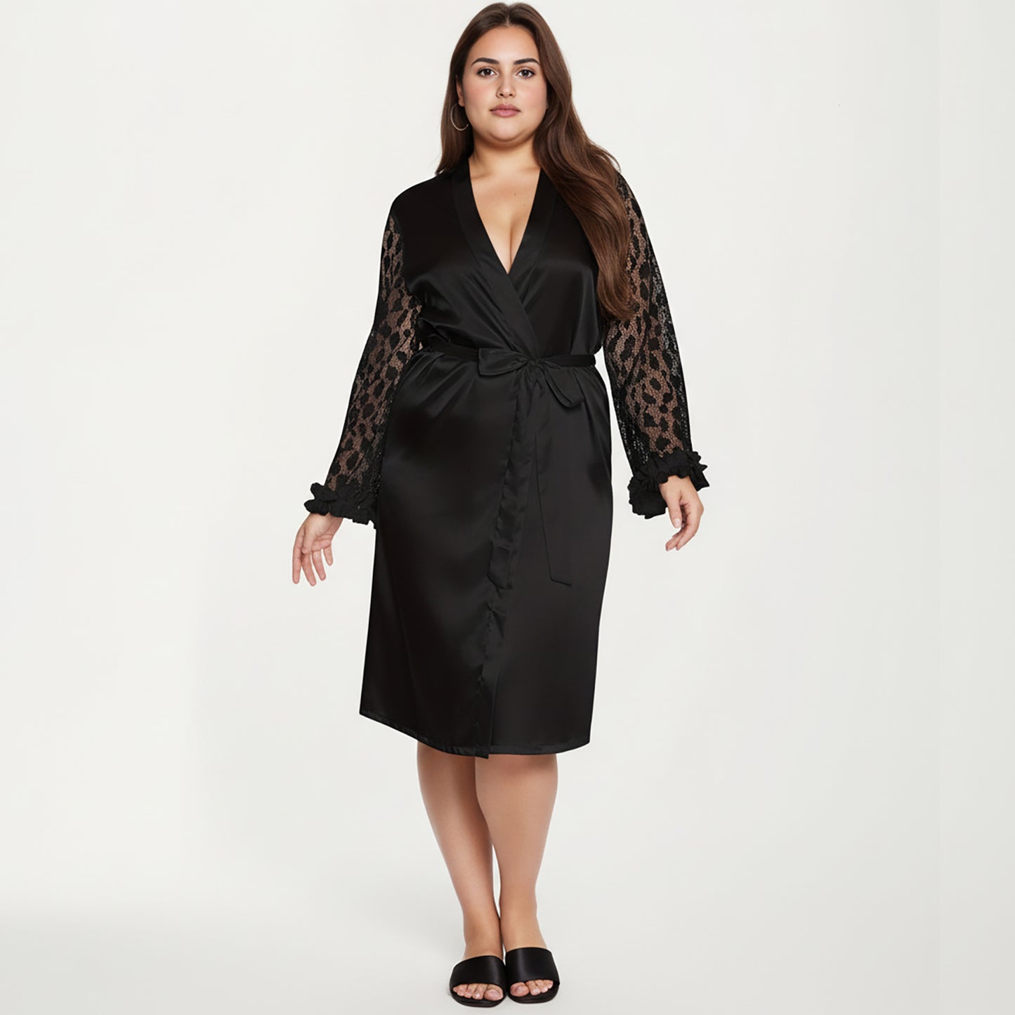 PLus Size Satin Robe with Sheer Floral Lace Sleeves, Ruffled Cuffs, and Adjustable Waist Tie