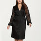 PLus Size Satin Robe with Sheer Floral Lace Sleeves, Ruffled Cuffs, and Adjustable Waist Tie