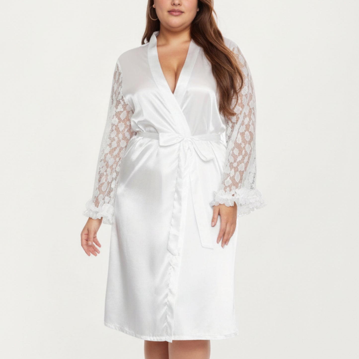 PLus Size Satin Robe with Sheer Floral Lace Sleeves, Ruffled Cuffs, and Adjustable Waist Tie