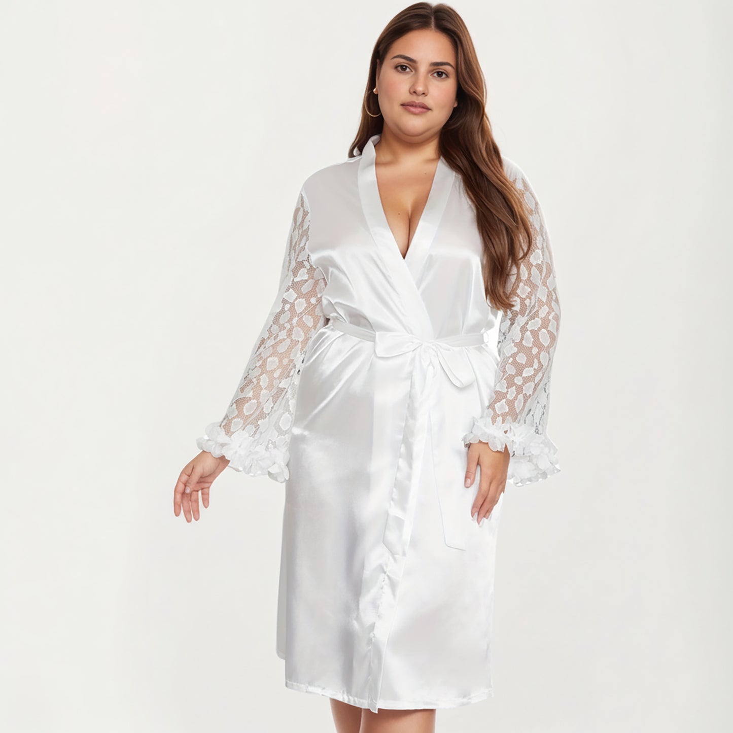 PLus Size Satin Robe with Sheer Floral Lace Sleeves, Ruffled Cuffs, and Adjustable Waist Tie