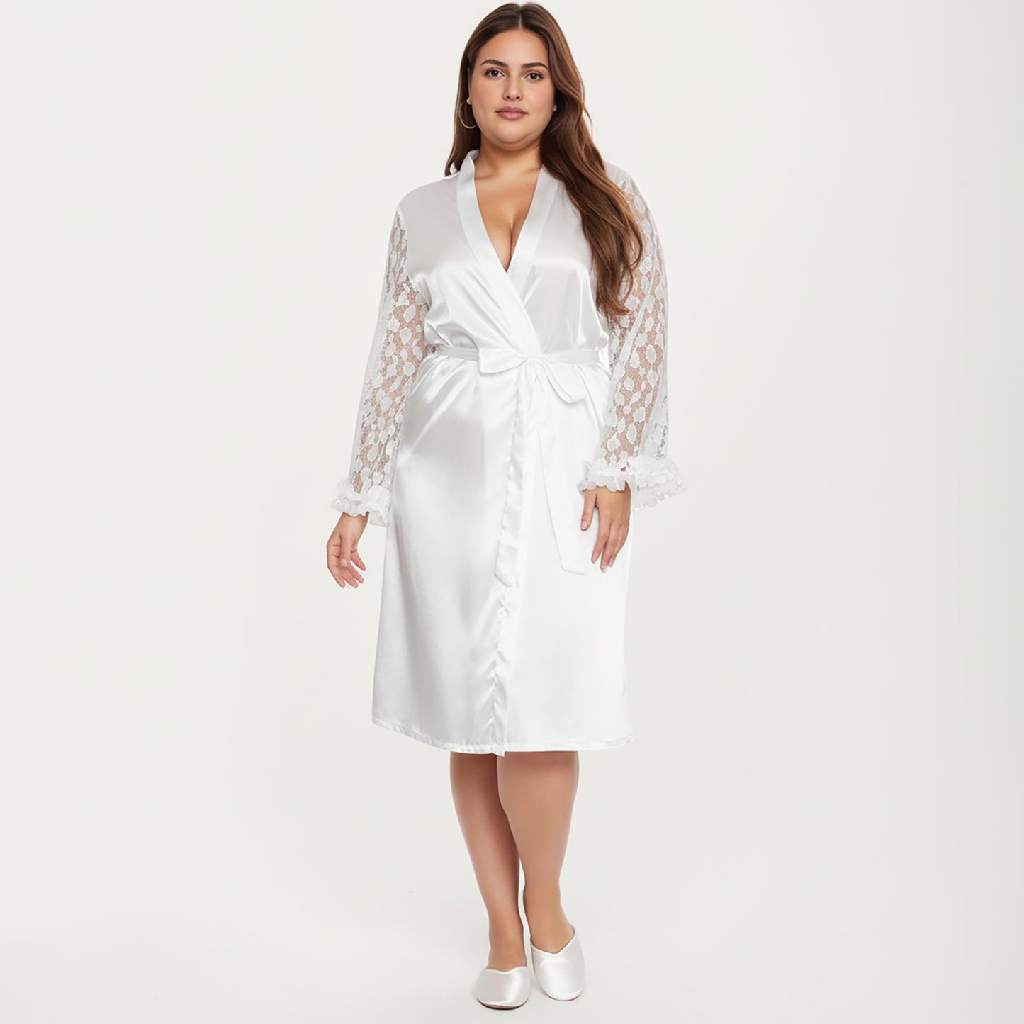 PLus Size Satin Robe with Sheer Floral Lace Sleeves, Ruffled Cuffs, and Adjustable Waist Tie