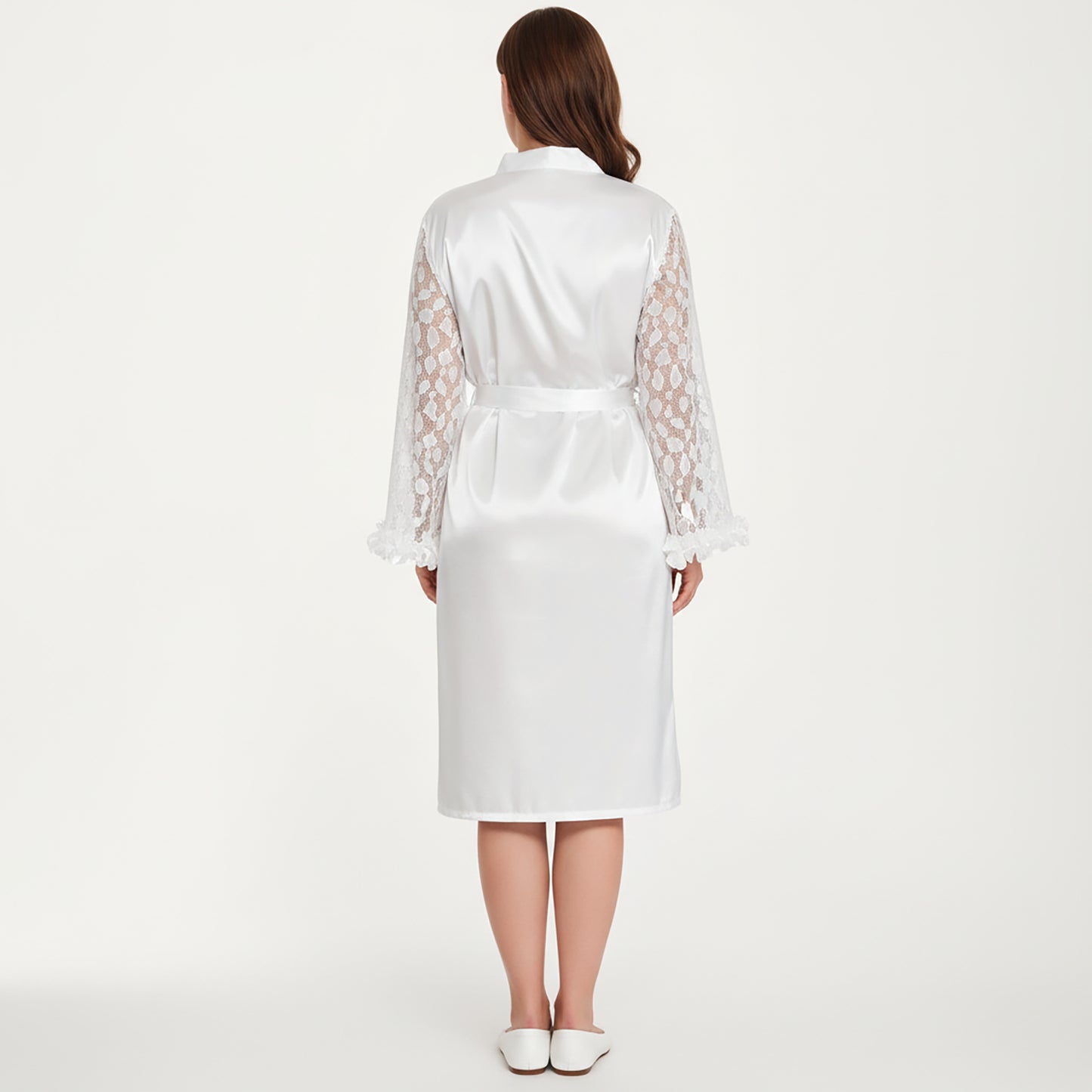 PLus Size Satin Robe with Sheer Floral Lace Sleeves, Ruffled Cuffs, and Adjustable Waist Tie