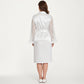 PLus Size Satin Robe with Sheer Floral Lace Sleeves, Ruffled Cuffs, and Adjustable Waist Tie