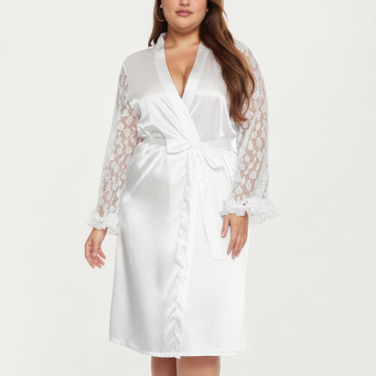 PLus Size Satin Robe with Sheer Floral Lace Sleeves, Ruffled Cuffs, and Adjustable Waist Tie