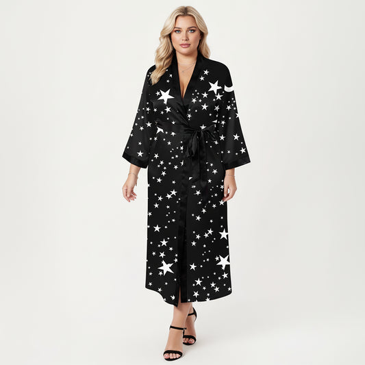 PLus Size Star Print Long Robe with Soft Satin Feel, Open Front Design, and Adjustable Waist Tie