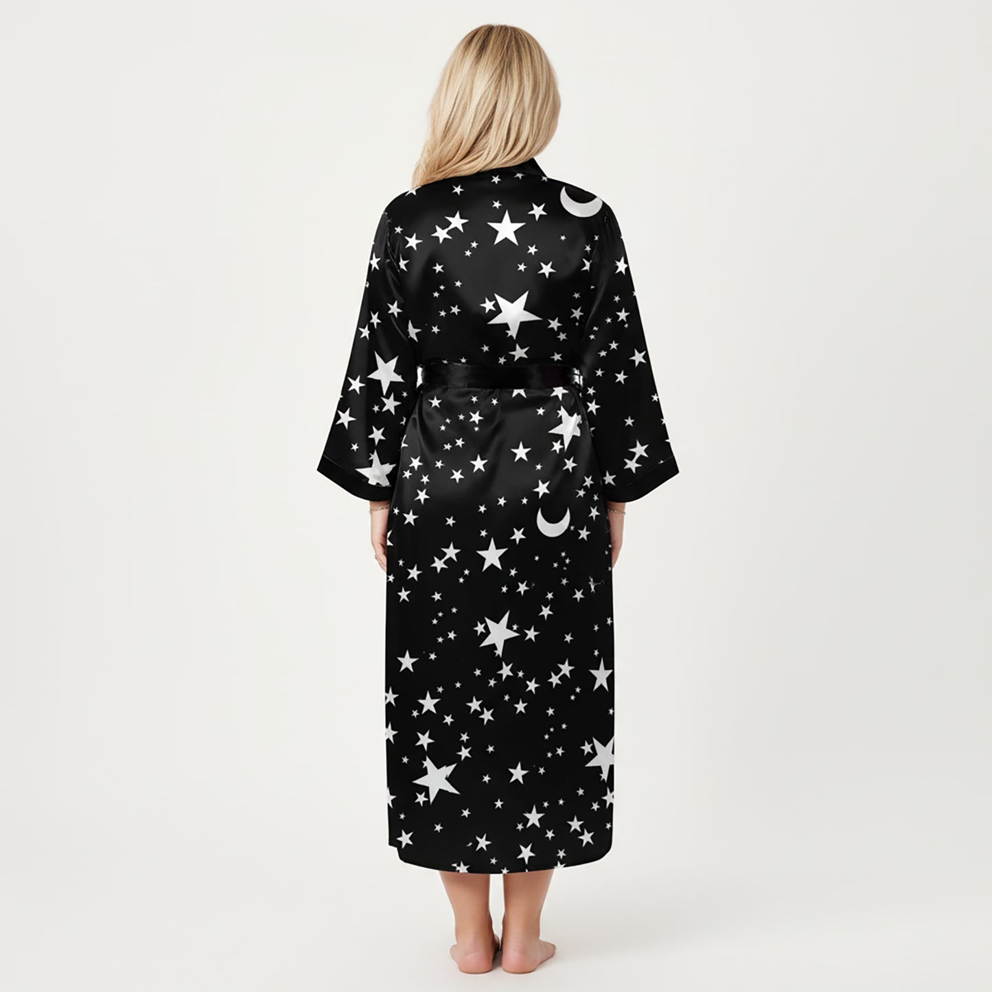 PLus Size Star Print Long Robe with Soft Satin Feel, Open Front Design, and Adjustable Waist Tie