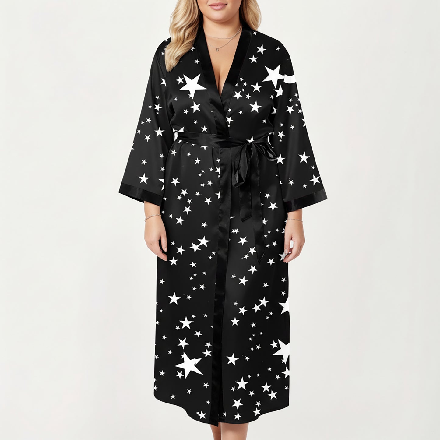 PLus Size Star Print Long Robe with Soft Satin Feel, Open Front Design, and Adjustable Waist Tie