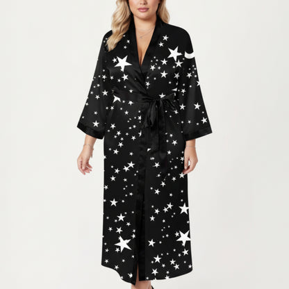 PLus Size Star Print Long Robe with Soft Satin Feel, Open Front Design, and Adjustable Waist Tie