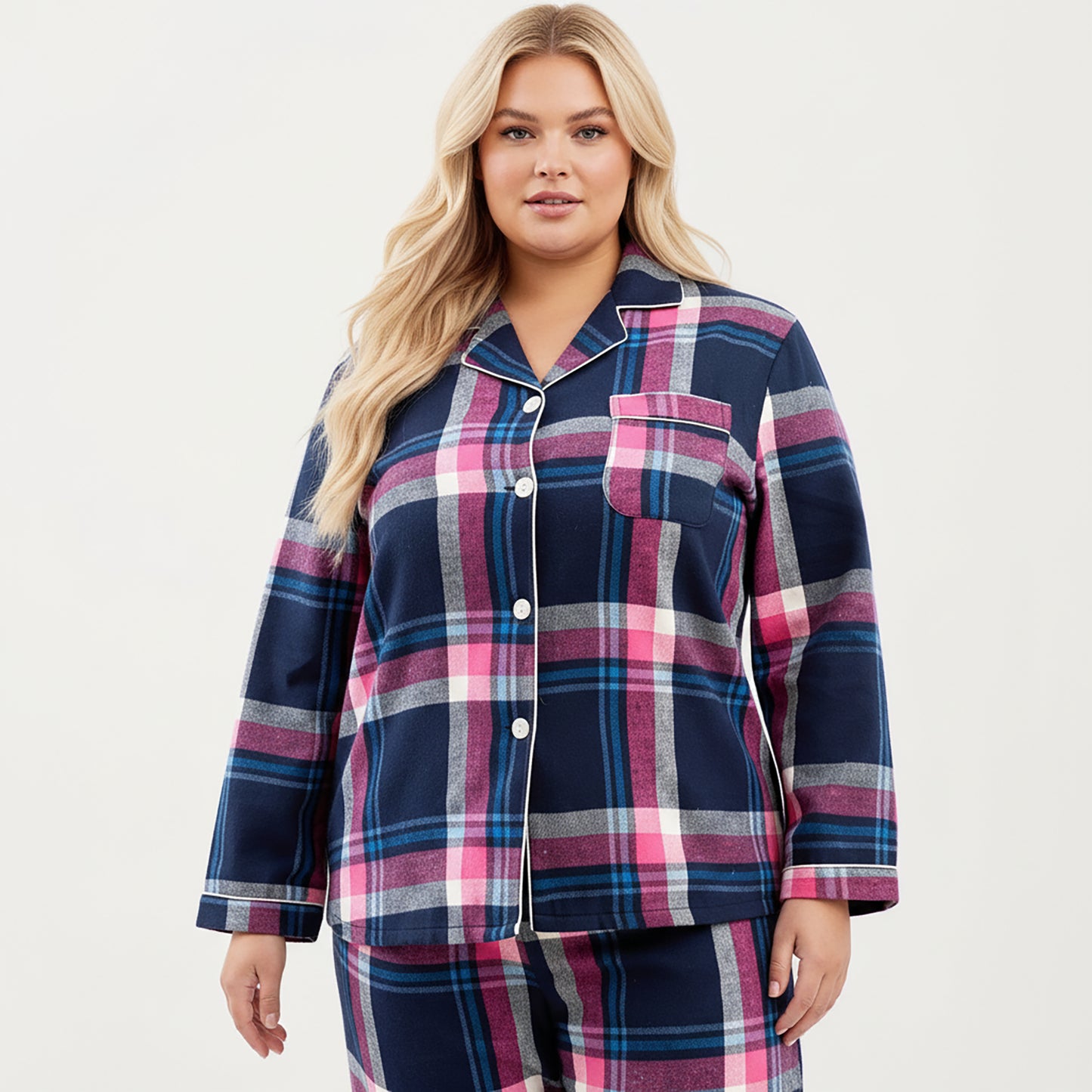 PLus Size 2-Piece Set Plaid Flannel Pajamas with Button-Front Long Sleeve Top and Soft Relaxed Fit Pants