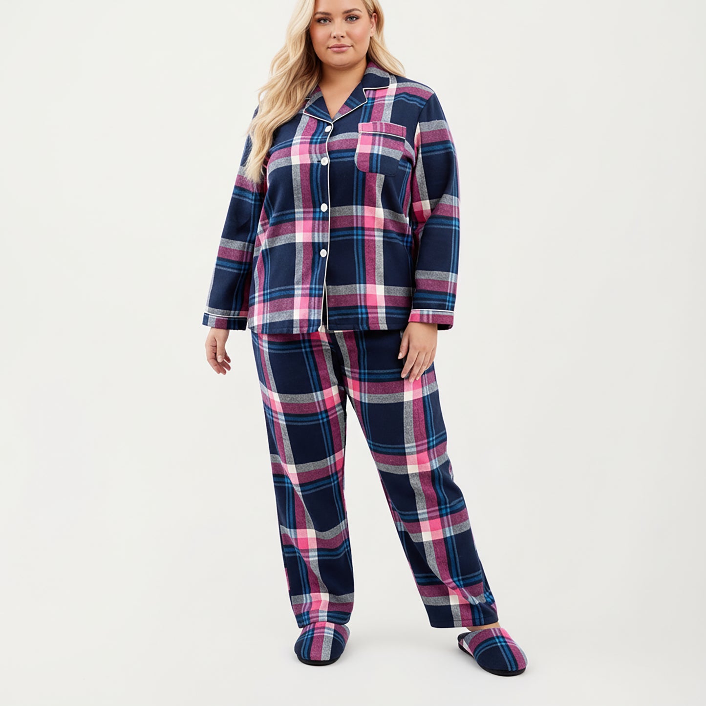 PLus Size 2-Piece Set Plaid Flannel Pajamas with Button-Front Long Sleeve Top and Soft Relaxed Fit Pants