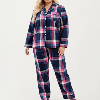 PLus Size 2-Piece Set Plaid Flannel Pajamas with Button-Front Long Sleeve Top and Soft Relaxed Fit Pants