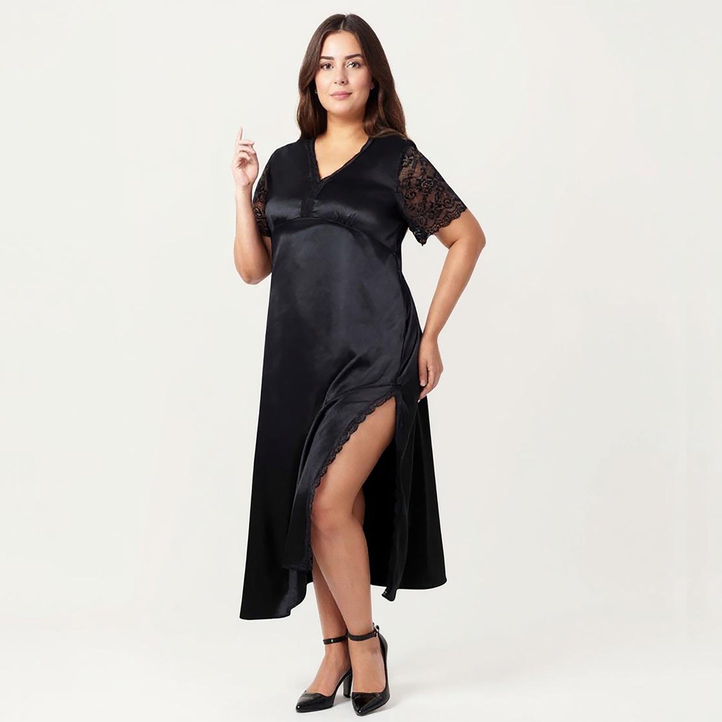 Plus Size Satin Nightdress with Lace Trim Sleeves and High Side Slit Featuring Soft Draping Fabric