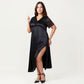 Plus Size Satin Nightdress with Lace Trim Sleeves and High Side Slit Featuring Soft Draping Fabric