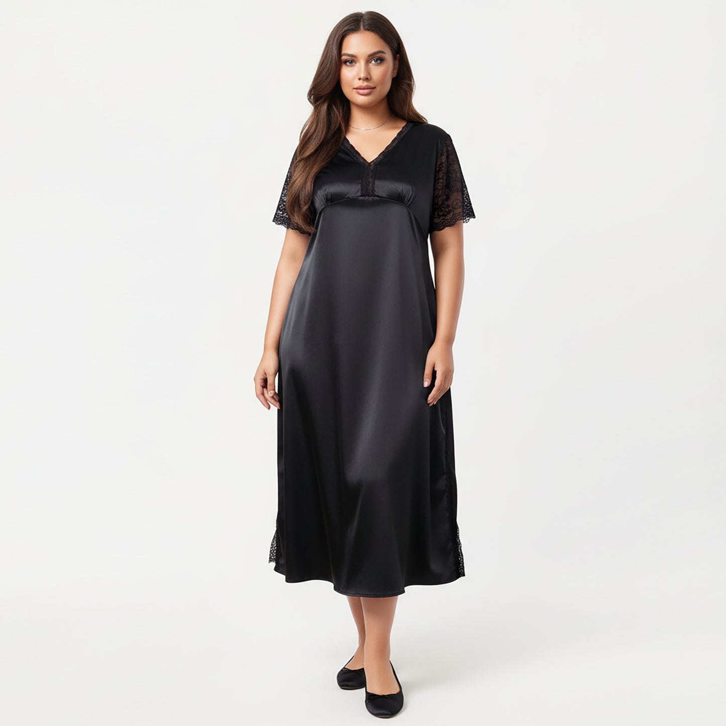 Plus Size Satin Nightdress with Lace Trim Sleeves and High Side Slit Featuring Soft Draping Fabric