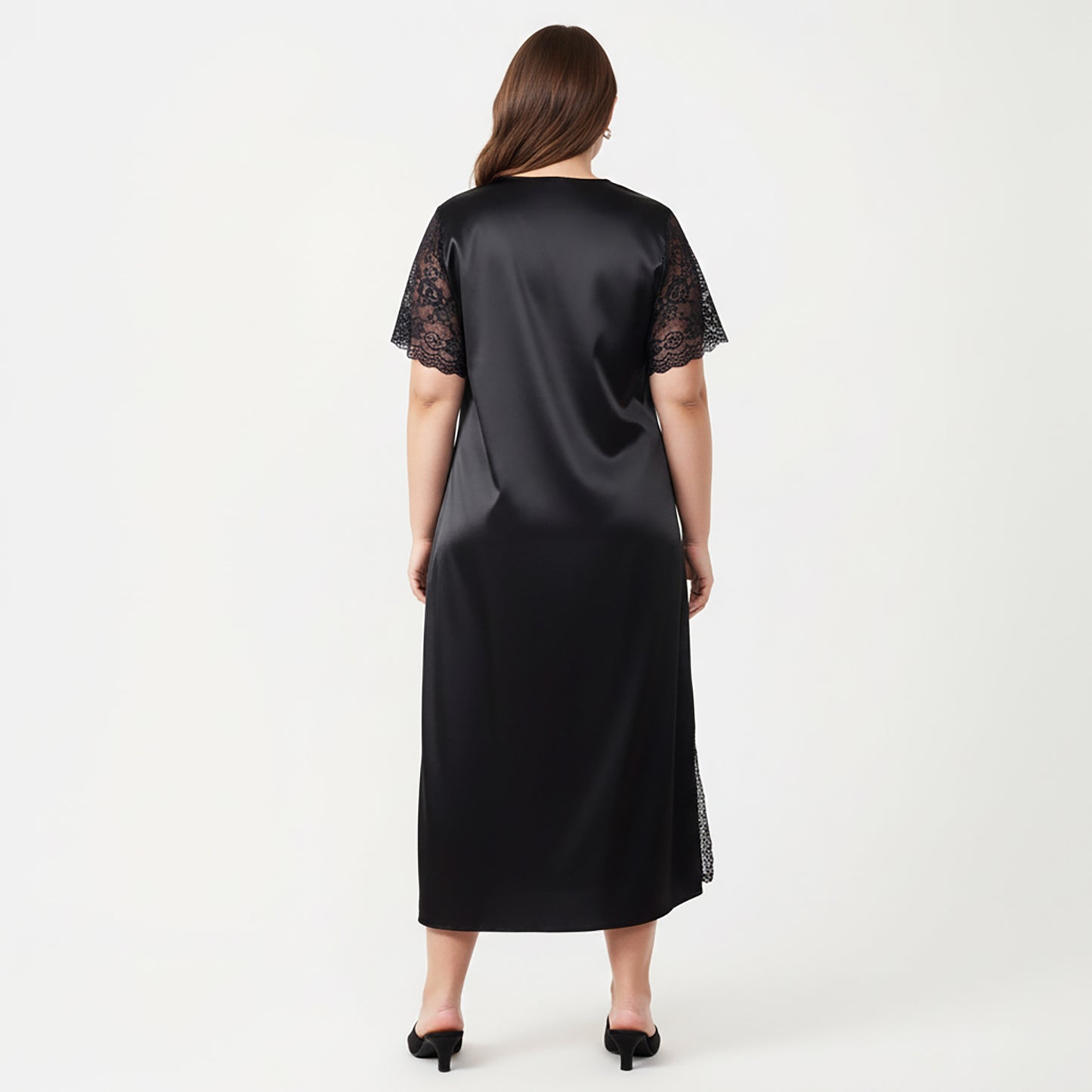 Plus Size Satin Nightdress with Lace Trim Sleeves and High Side Slit Featuring Soft Draping Fabric