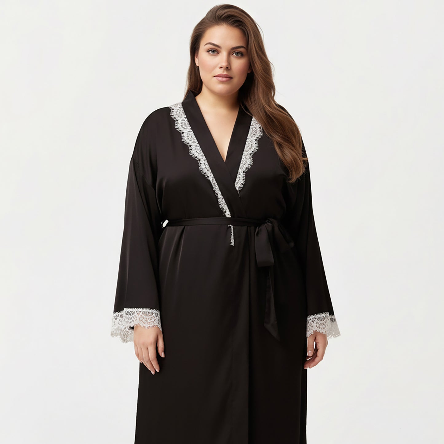 Plus Size Long Robe with Lace Trim on Collar and Cuffs Featuring Soft Flowing Fabric and Adjustable Belt