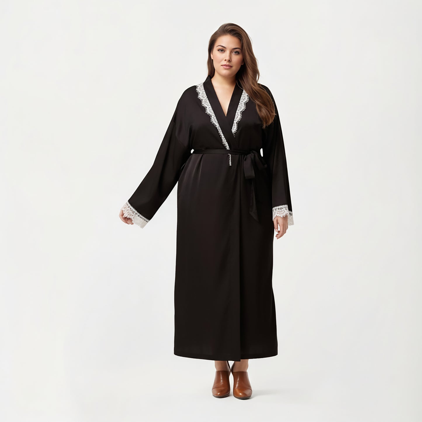 Plus Size Long Robe with Lace Trim on Collar and Cuffs Featuring Soft Flowing Fabric and Adjustable Belt