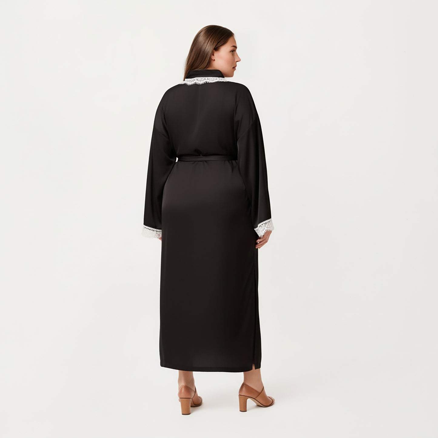 Plus Size Long Robe with Lace Trim on Collar and Cuffs Featuring Soft Flowing Fabric and Adjustable Belt