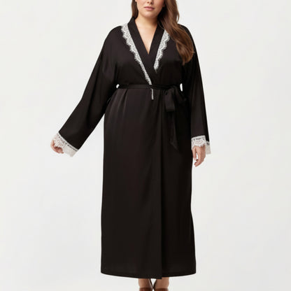 Plus Size Long Robe with Lace Trim on Collar and Cuffs Featuring Soft Flowing Fabric and Adjustable Belt