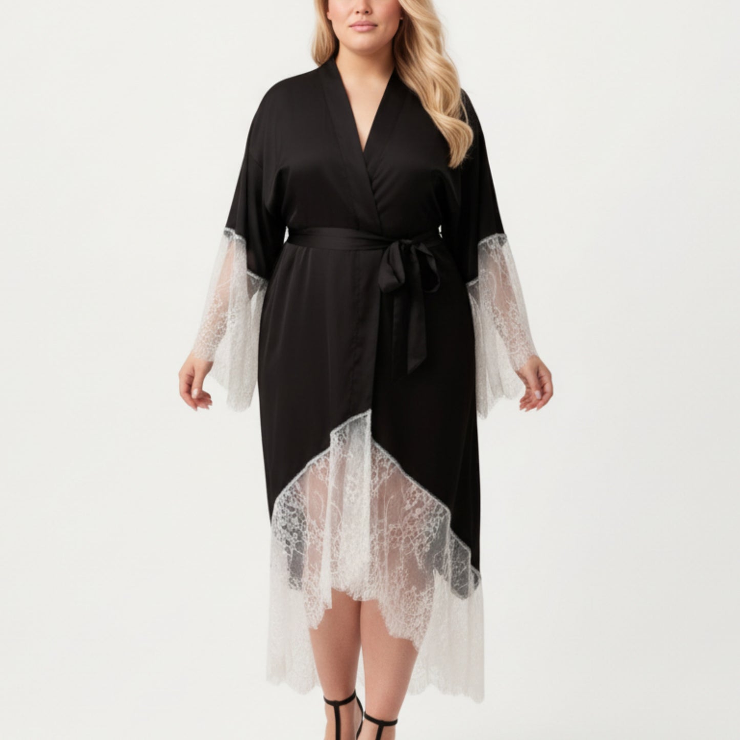 Plus Size Long Robe with Sheer Lace Hem and Sleeve Detailing and Soft Flowing Fabric
