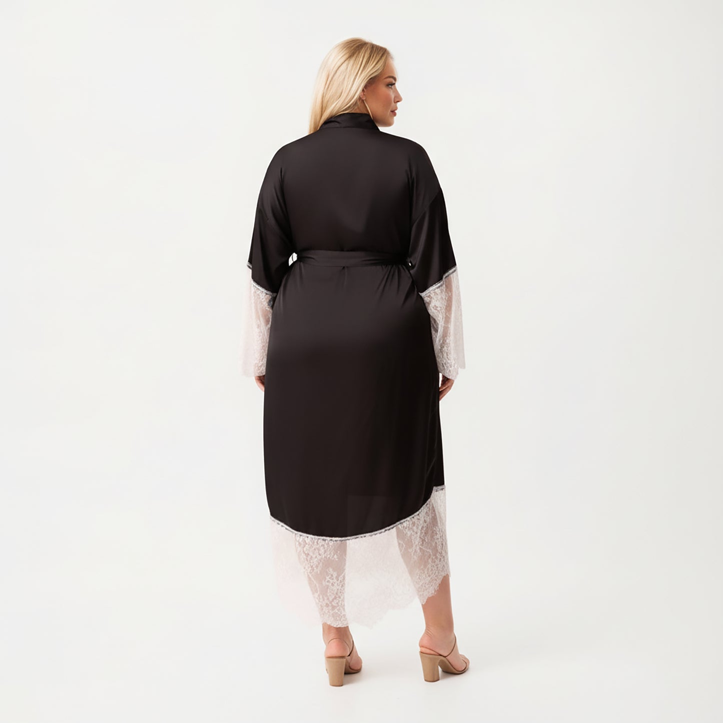 Plus Size Long Robe with Sheer Lace Hem and Sleeve Detailing and Soft Flowing Fabric