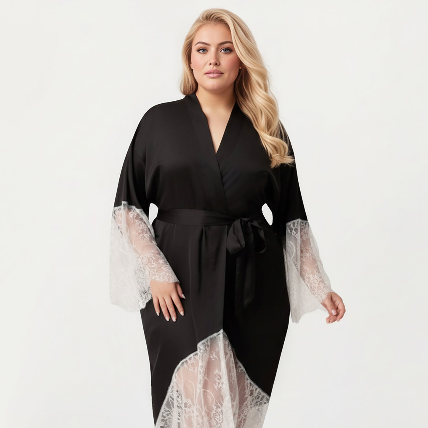 Plus Size Long Robe with Sheer Lace Hem and Sleeve Detailing and Soft Flowing Fabric