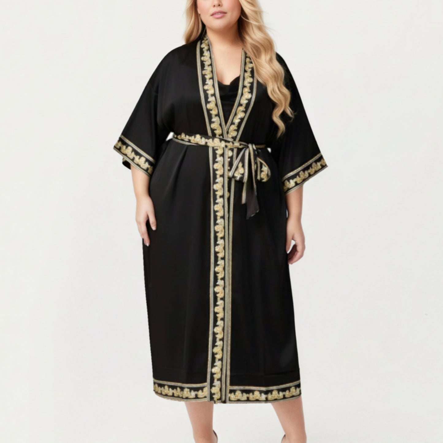 Plus Size Long Robe with Decorative Trim Detailing and Soft Flowing Fabric