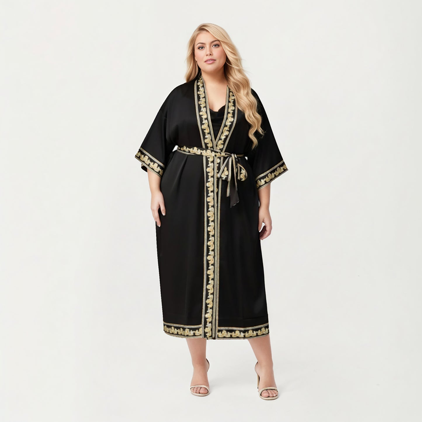 Plus Size Long Robe with Decorative Trim Detailing and Soft Flowing Fabric