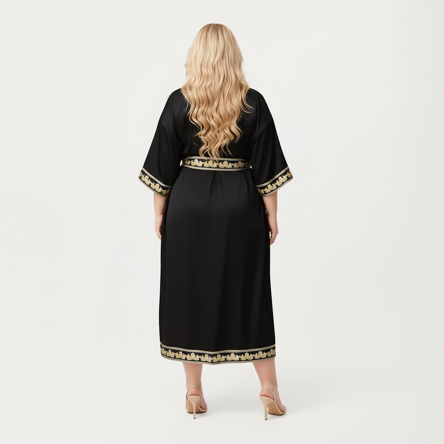Plus Size Long Robe with Decorative Trim Detailing and Soft Flowing Fabric