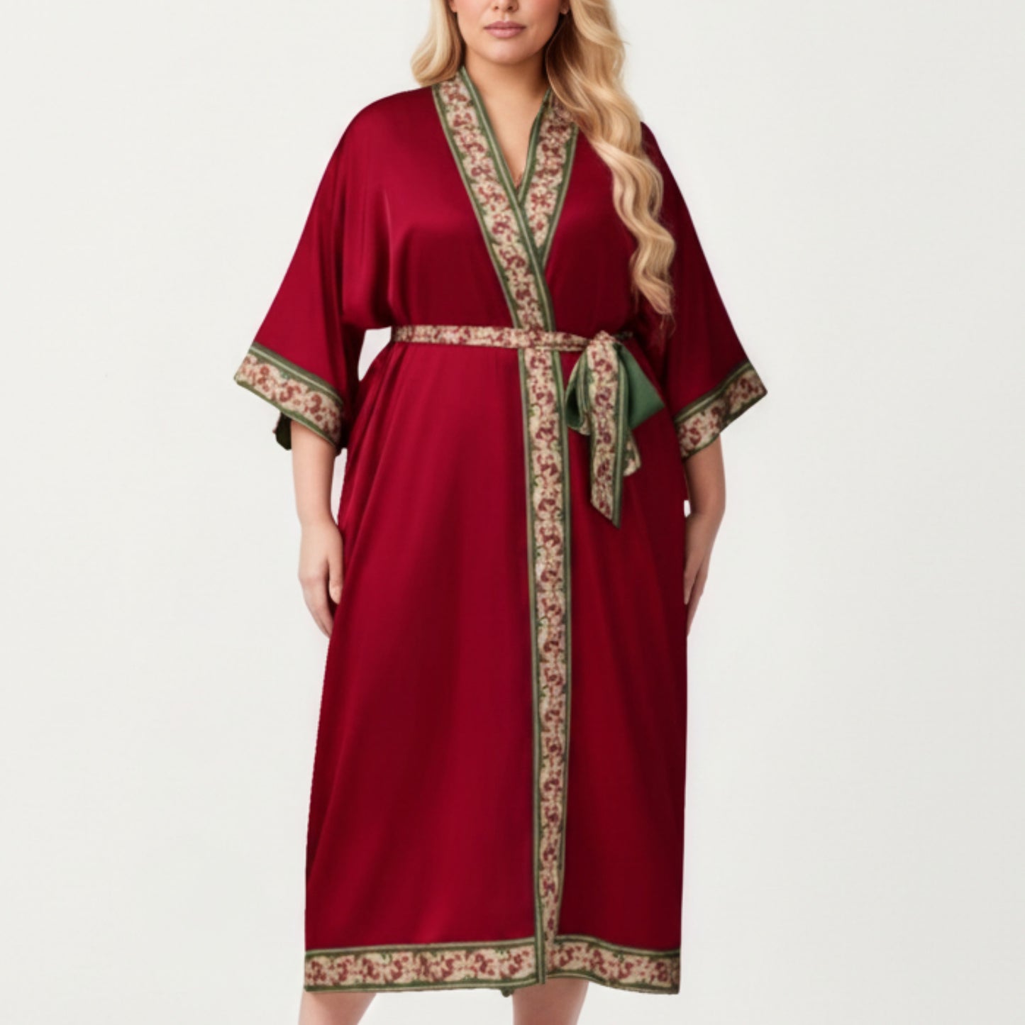 Plus Size Long Robe with Decorative Trim Detailing and Soft Flowing Fabric