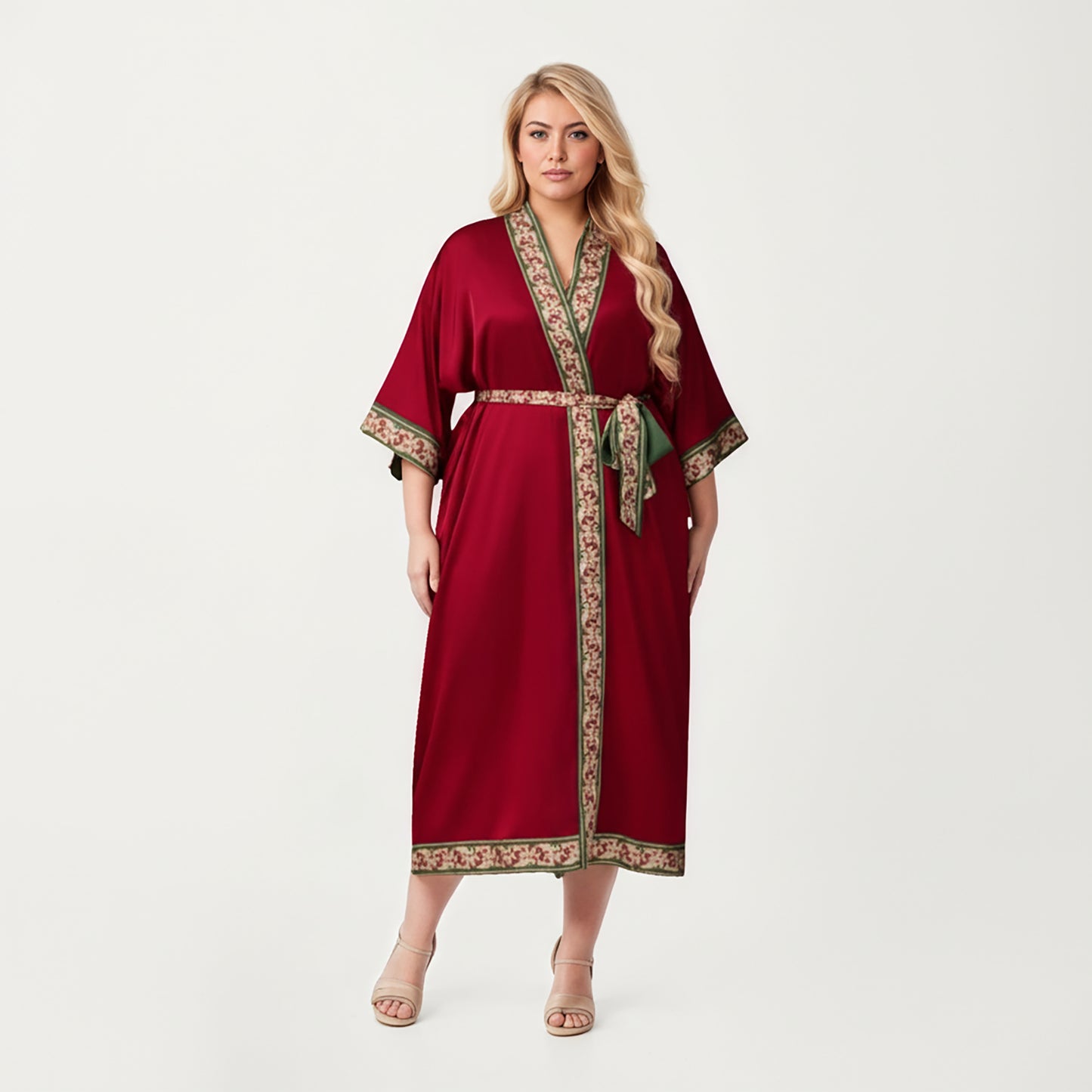 Plus Size Long Robe with Decorative Trim Detailing and Soft Flowing Fabric