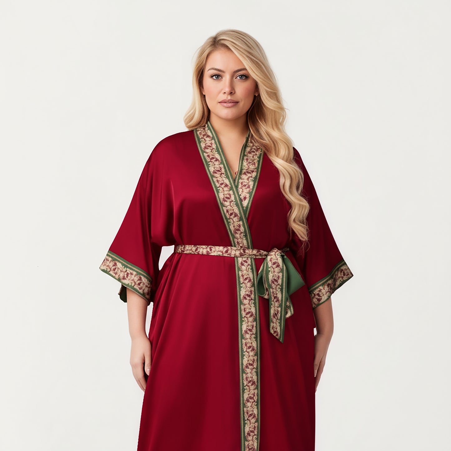 Plus Size Long Robe with Decorative Trim Detailing and Soft Flowing Fabric