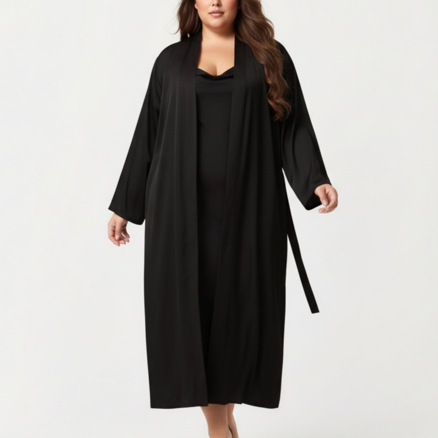 Plus Size Long Robe Set with Soft Draped Silhouette and Smooth Flowing Fabric for an Layered Lounge Look
