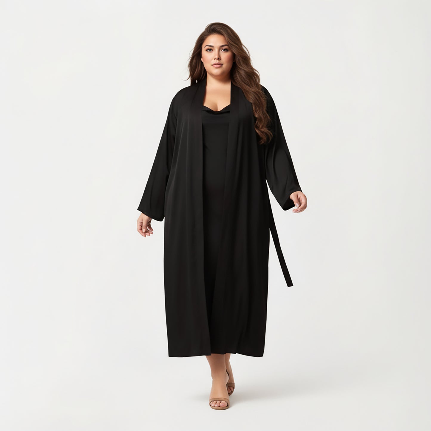 Plus Size Long Robe Set with Soft Draped Silhouette and Smooth Flowing Fabric for an Layered Lounge Look