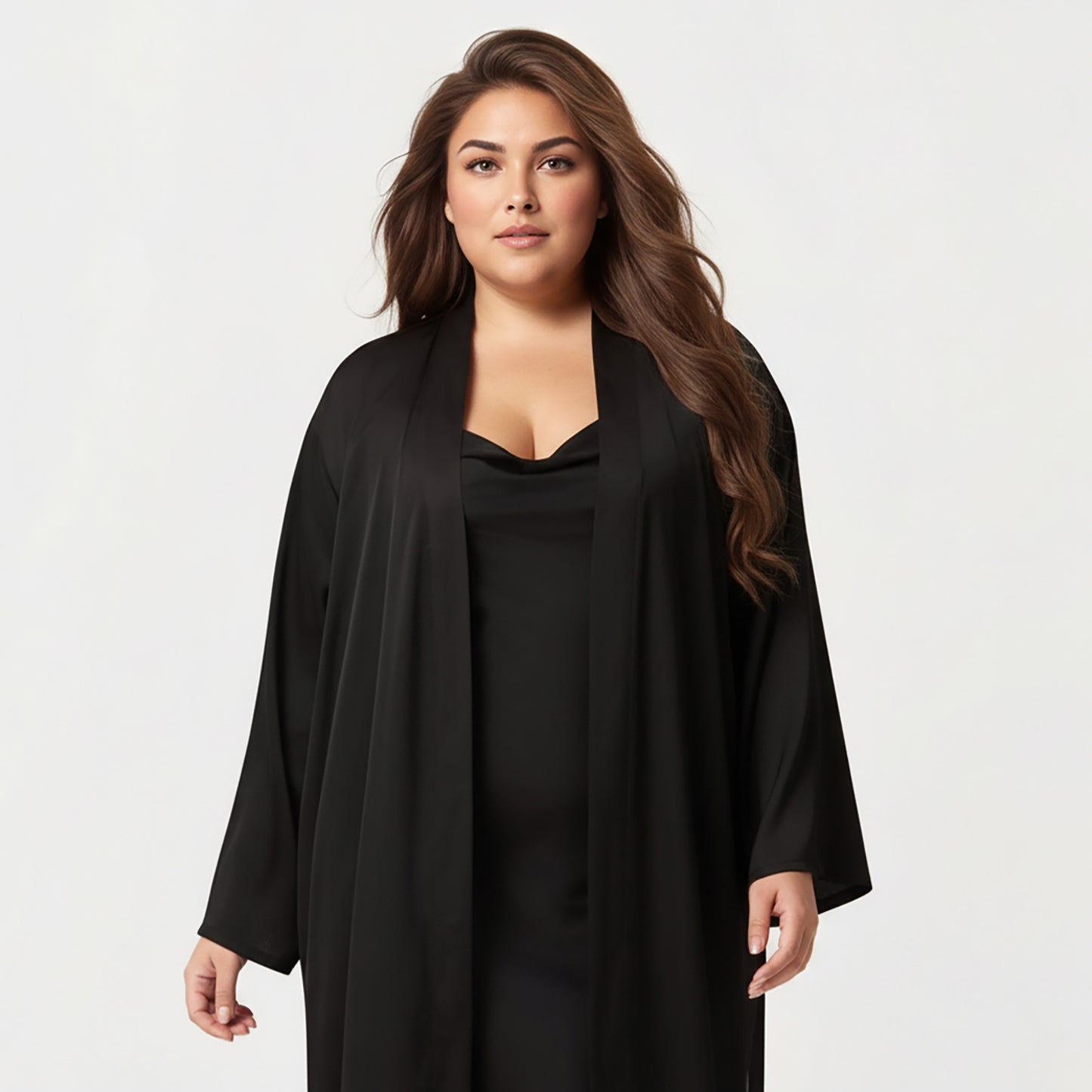 Plus Size Long Robe Set with Soft Draped Silhouette and Smooth Flowing Fabric for an Layered Lounge Look