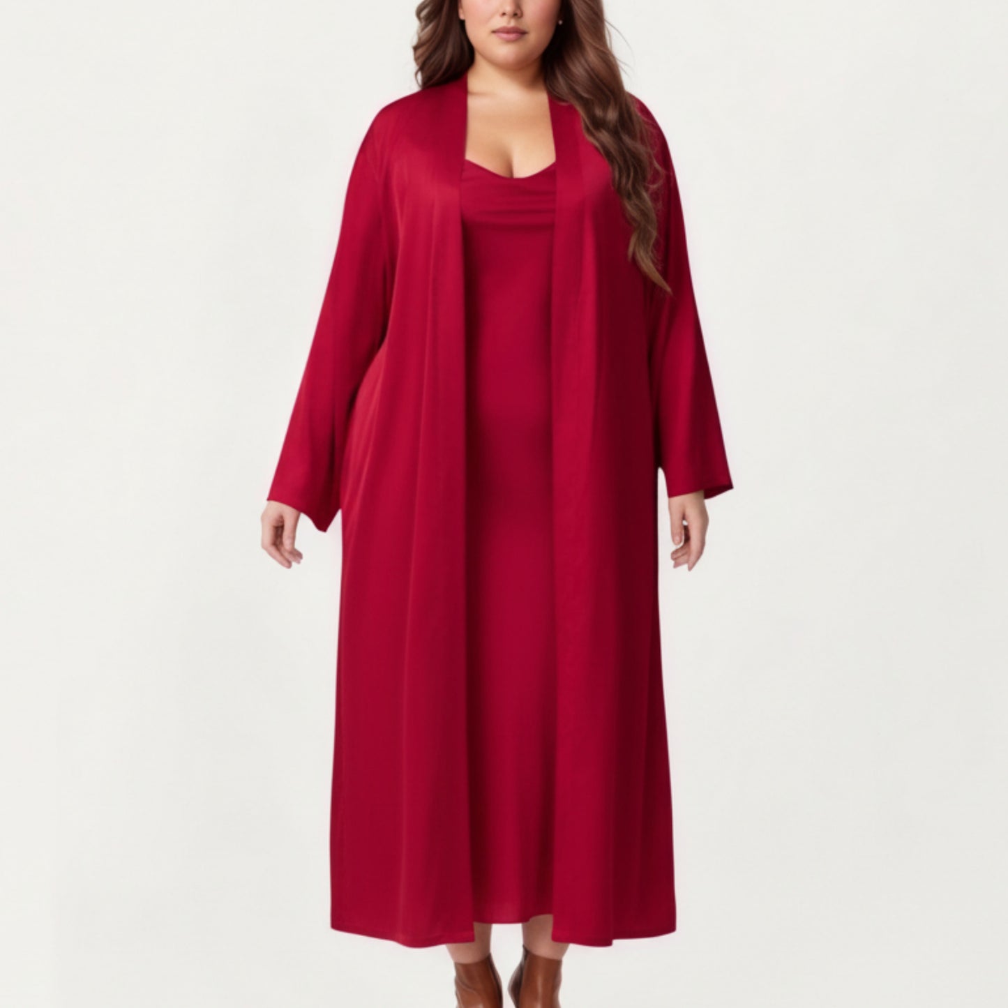 Plus Size Long Robe Set with Soft Draped Silhouette and Smooth Flowing Fabric for an Layered Lounge Look