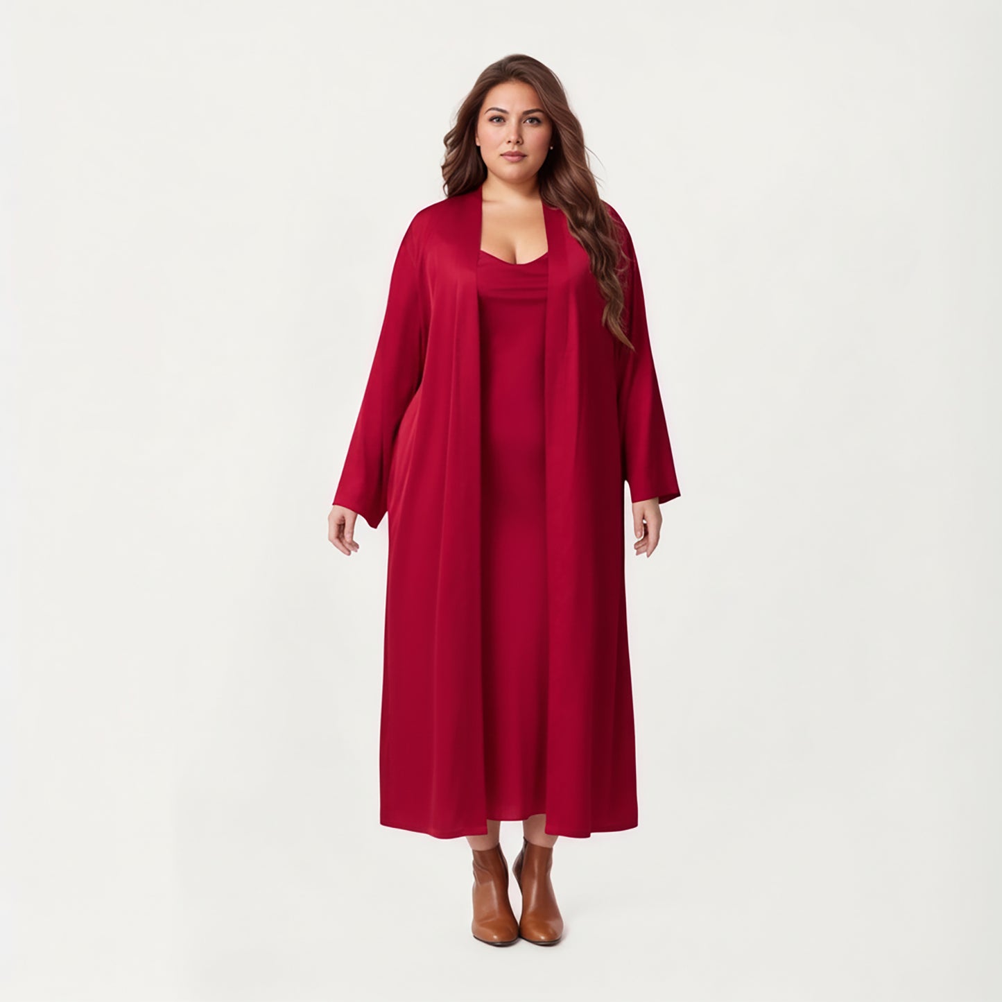 Plus Size Long Robe Set with Soft Draped Silhouette and Smooth Flowing Fabric for an Layered Lounge Look