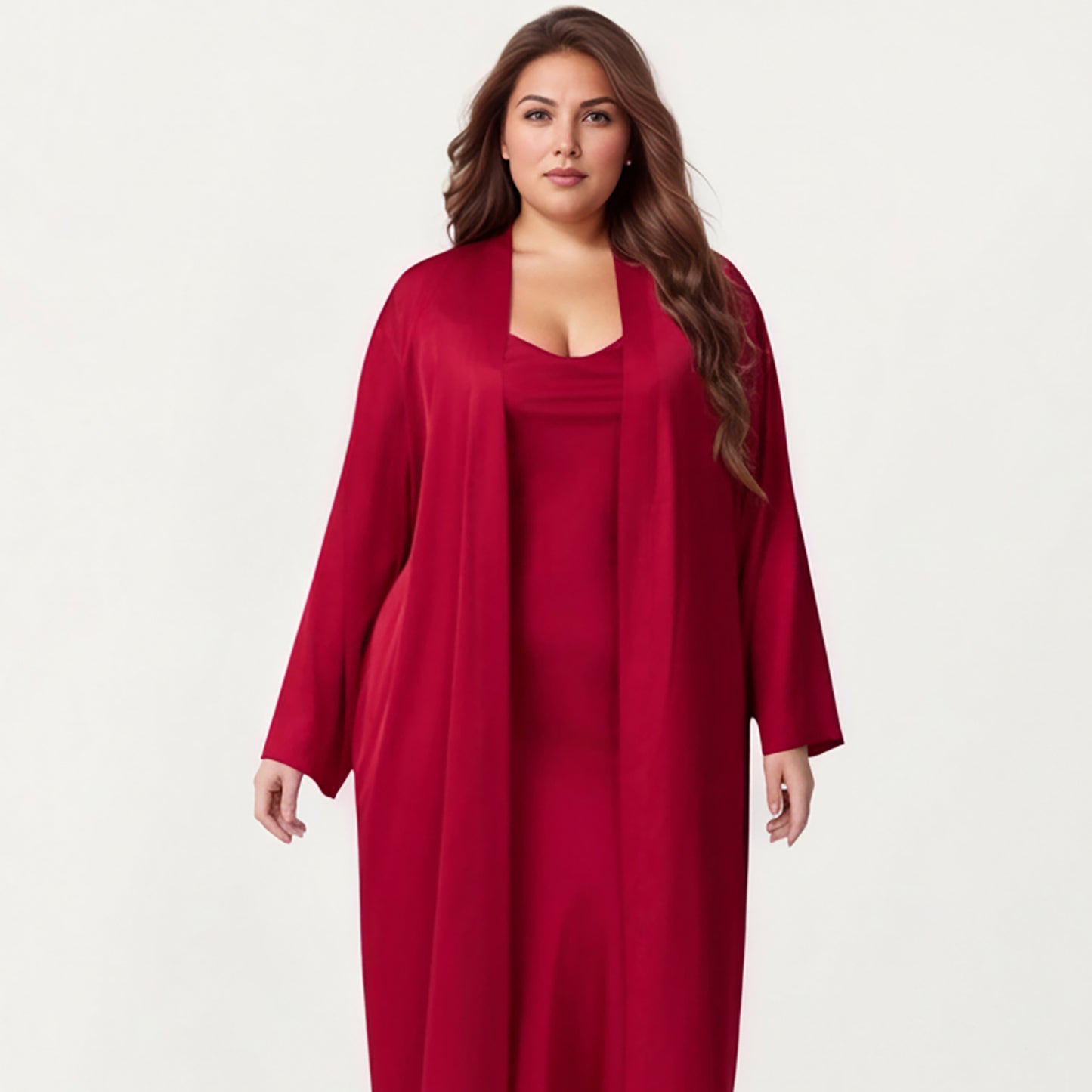 Plus Size Long Robe Set with Soft Draped Silhouette and Smooth Flowing Fabric for an Layered Lounge Look